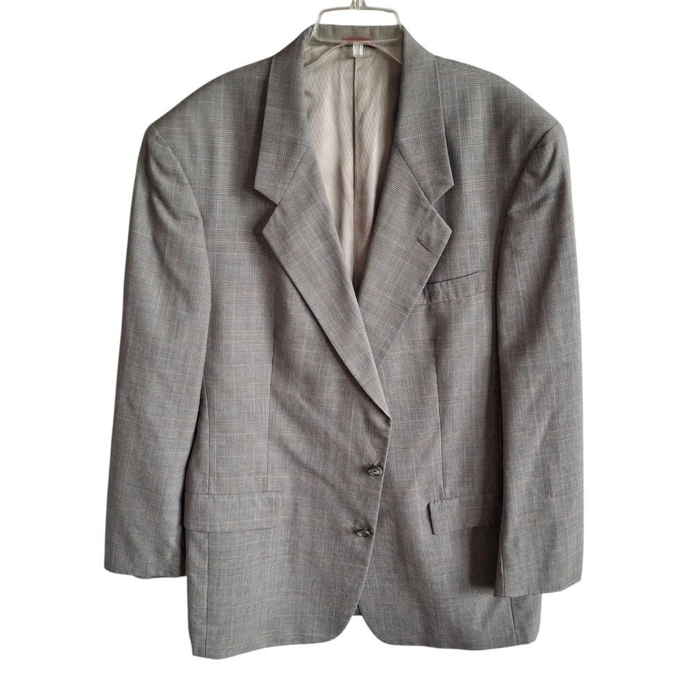 Hart Schaffner Marx Suit Jacket Mens 43L Pure Virgin Wool Glen Plaid Gray
